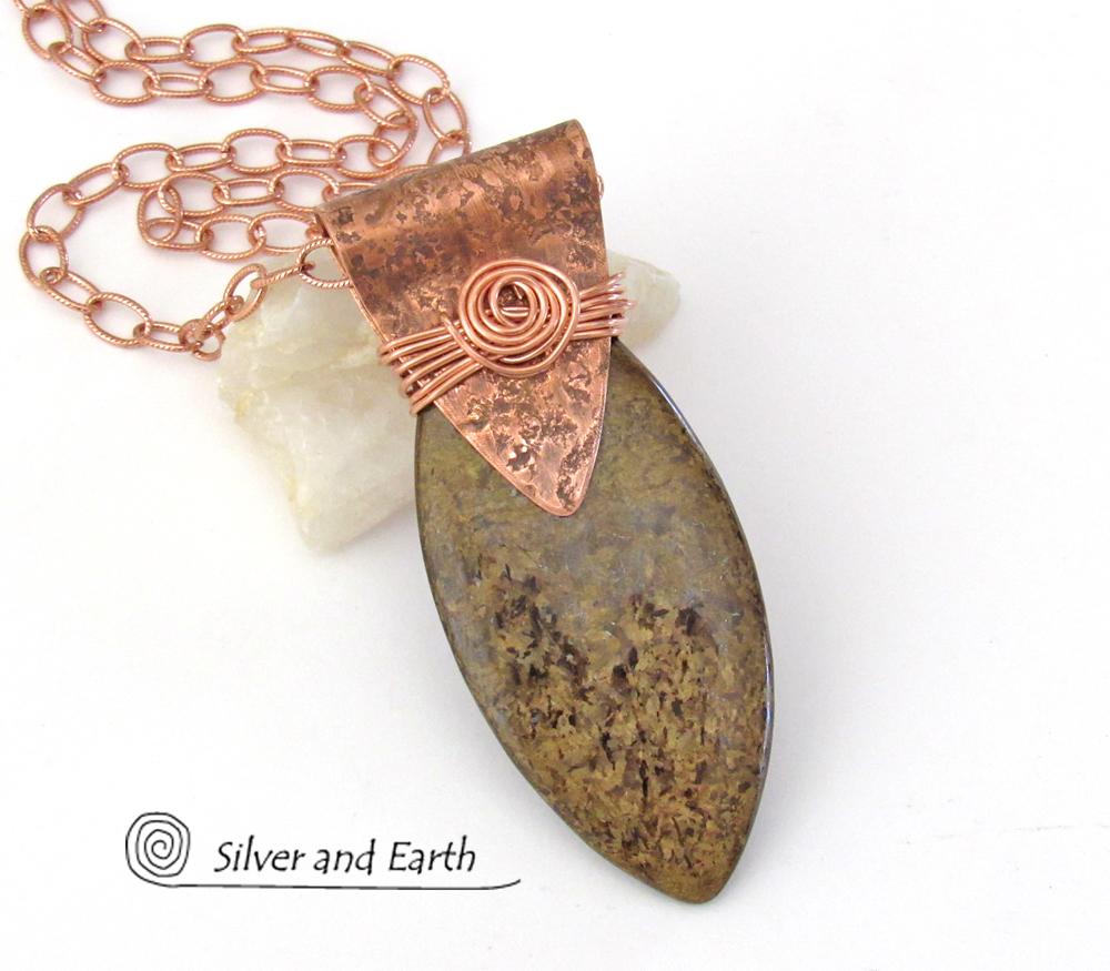 Copper Necklace with Brown Bronzite Stone - Earthy Natural Rustic Jewelry