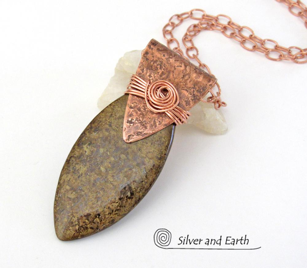 Copper Necklace with Brown Bronzite Stone - Earthy Natural Rustic Jewelry