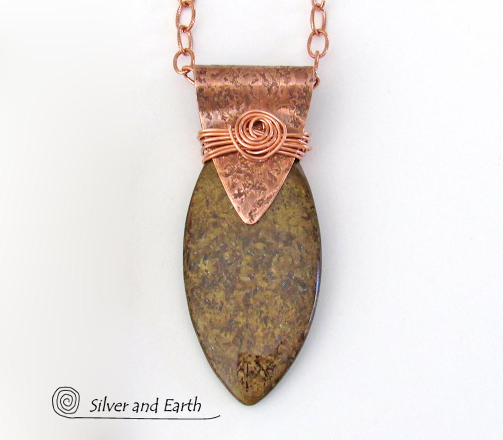 Copper Necklace with Brown Bronzite Stone - Earthy Natural Rustic Jewelry