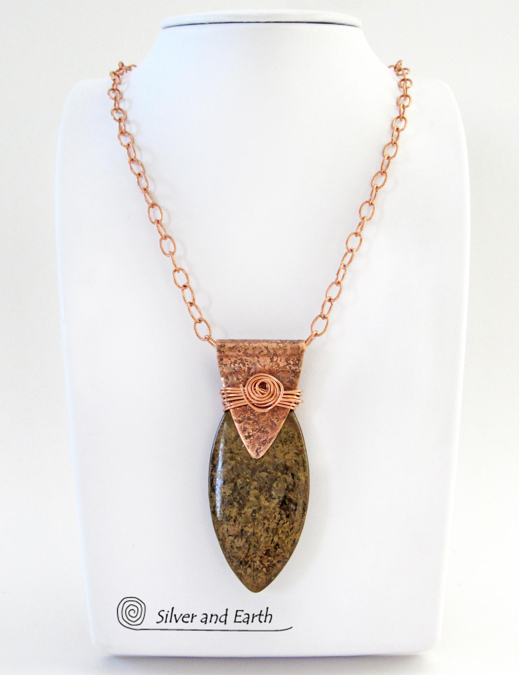 Copper Necklace with Brown Bronzite Stone - Earthy Natural Rustic Jewelry