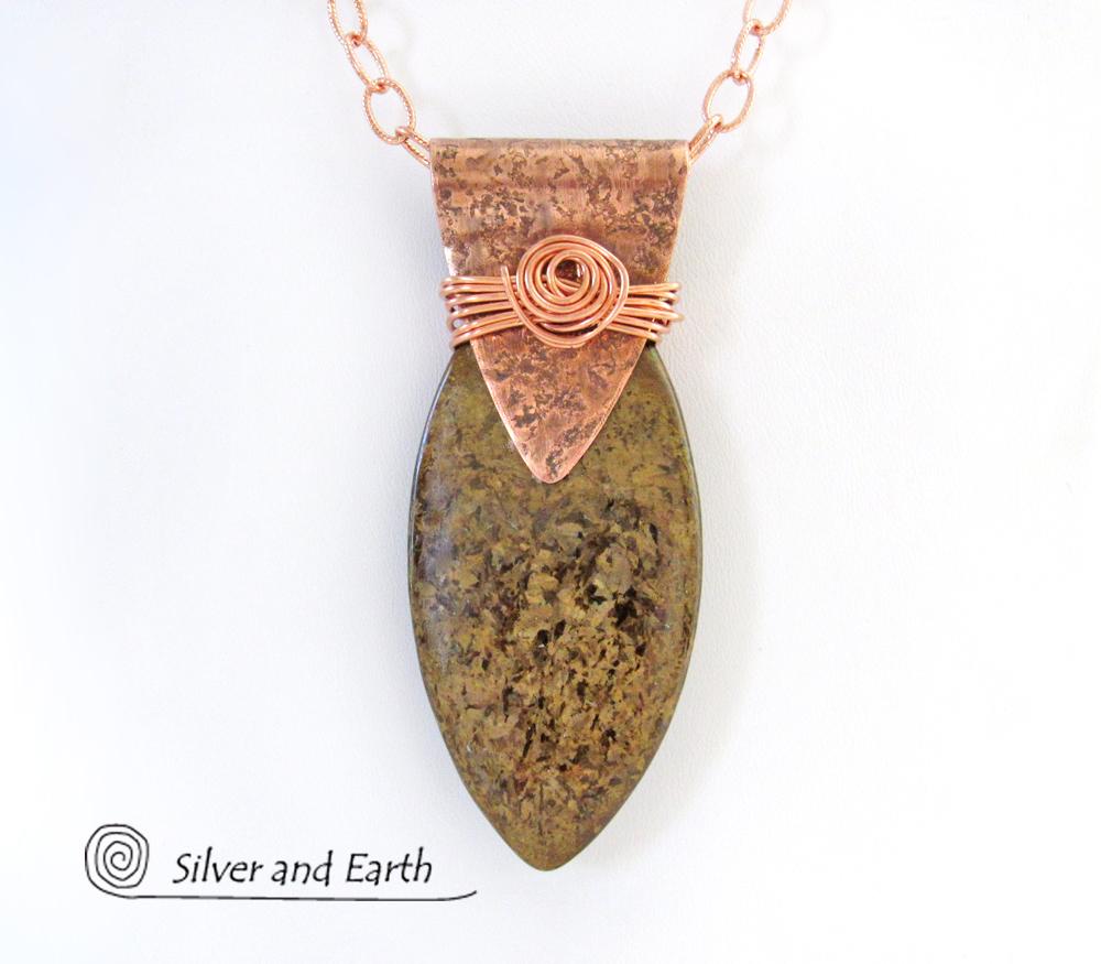 Copper Necklace with Brown Bronzite Stone - Earthy Natural Rustic Jewelry