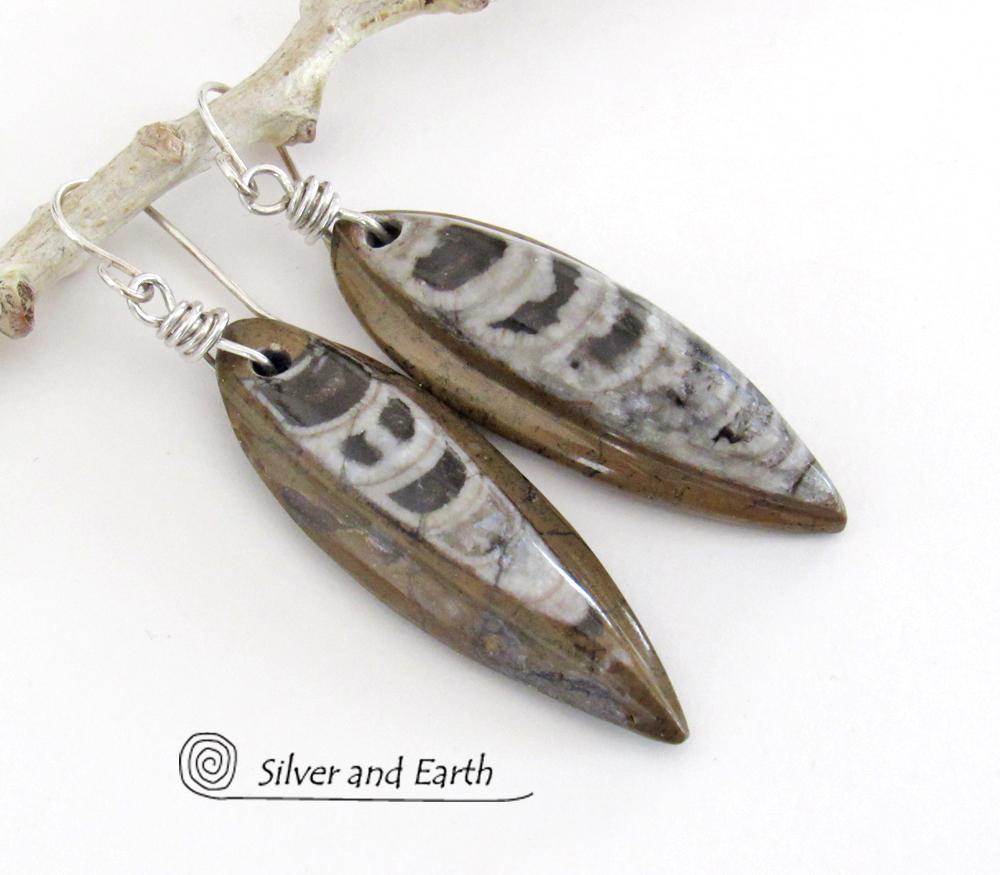 Orthoceras Fossil Earrings with Sterling Silver - Natural Ancient Fossil Jewelry