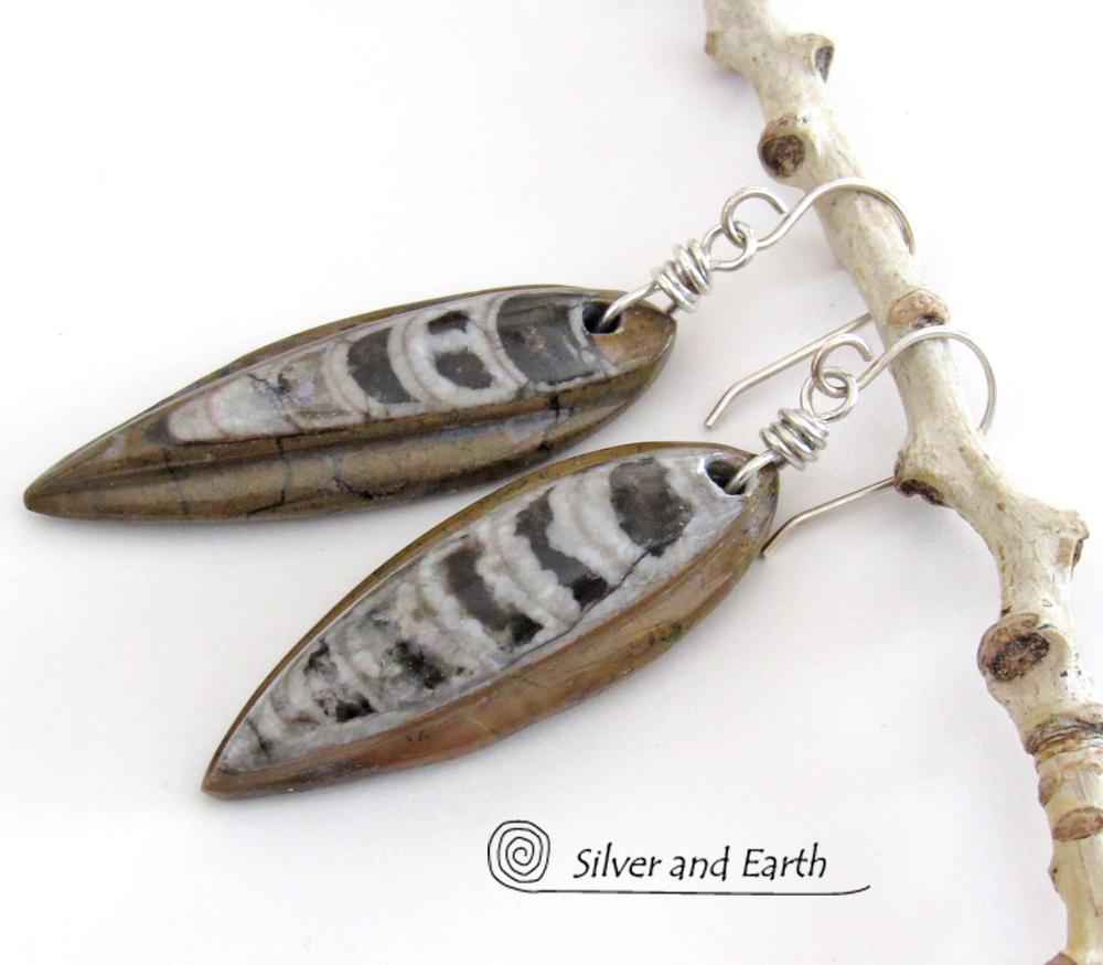 Orthoceras Fossil Earrings with Sterling Silver - Natural Ancient Fossil Jewelry