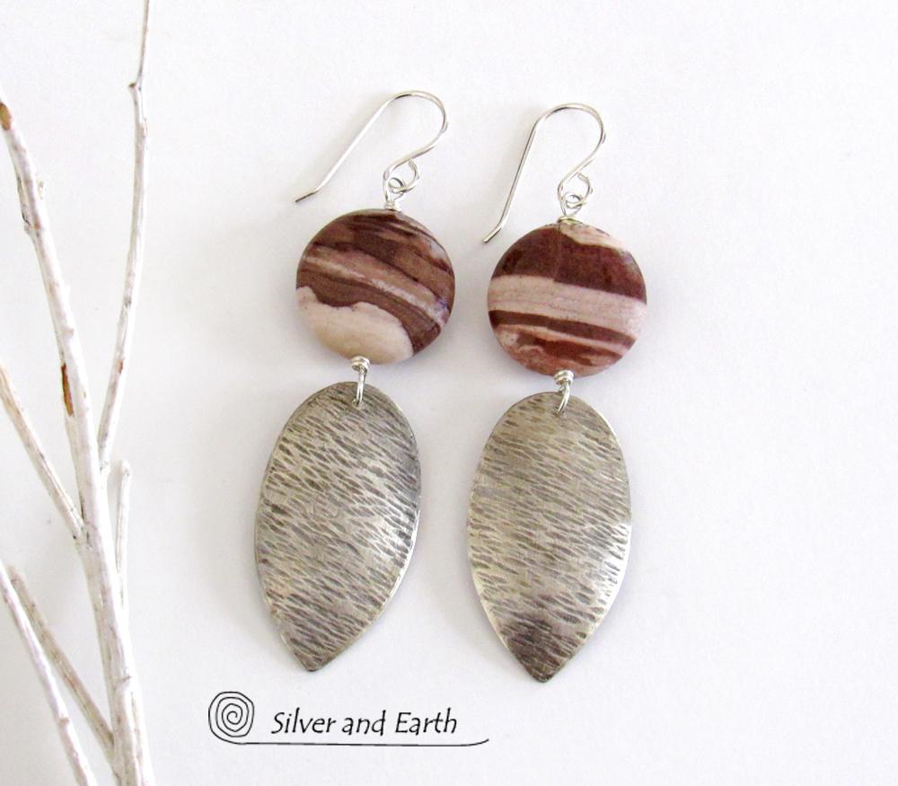 Textured Sterling Silver Earrings with Brown Zebra Jasper Stones