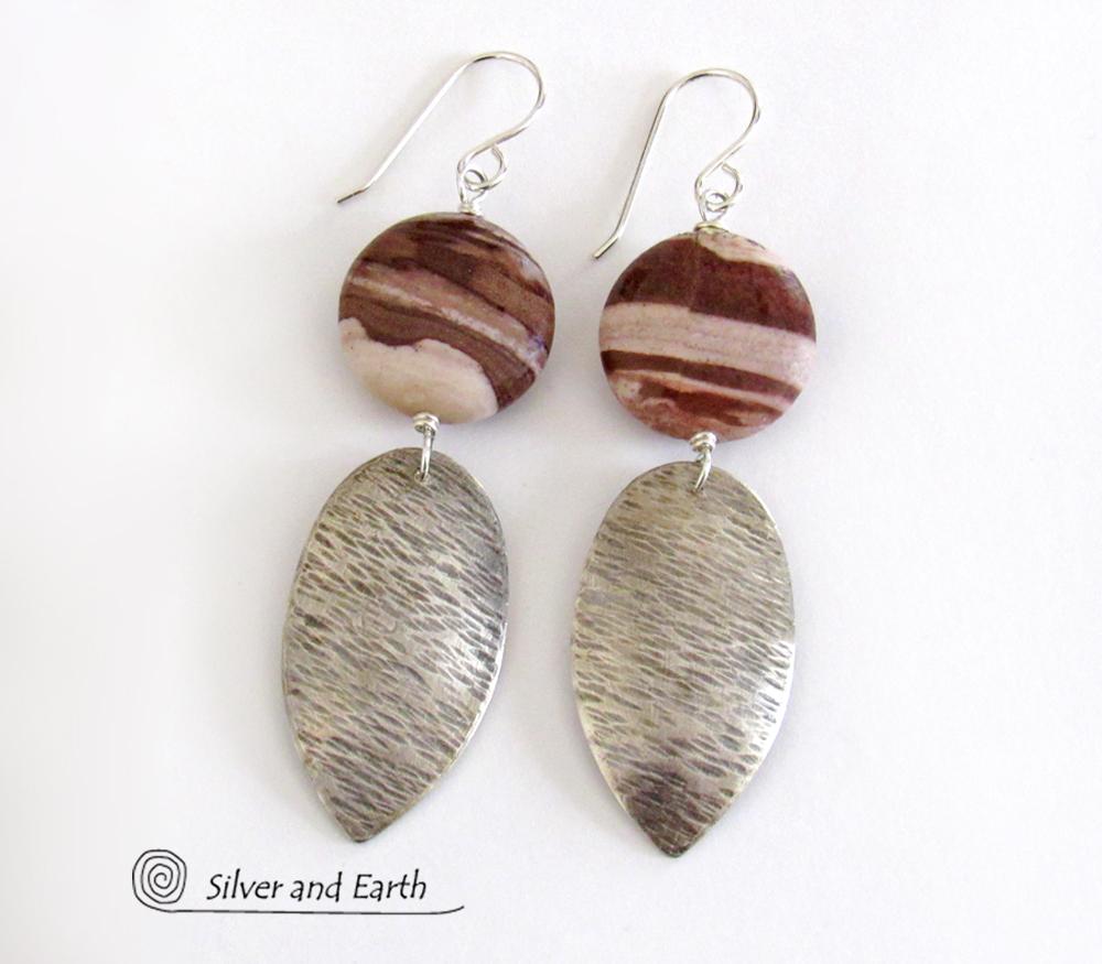 Textured Sterling Silver Earrings with Brown Zebra Jasper Stones