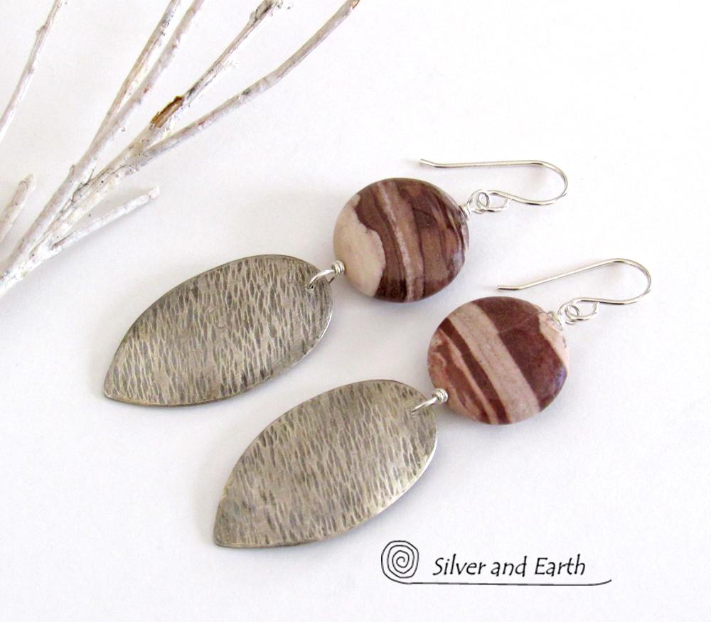 Textured Sterling Silver Earrings with Brown Zebra Jasper Stones