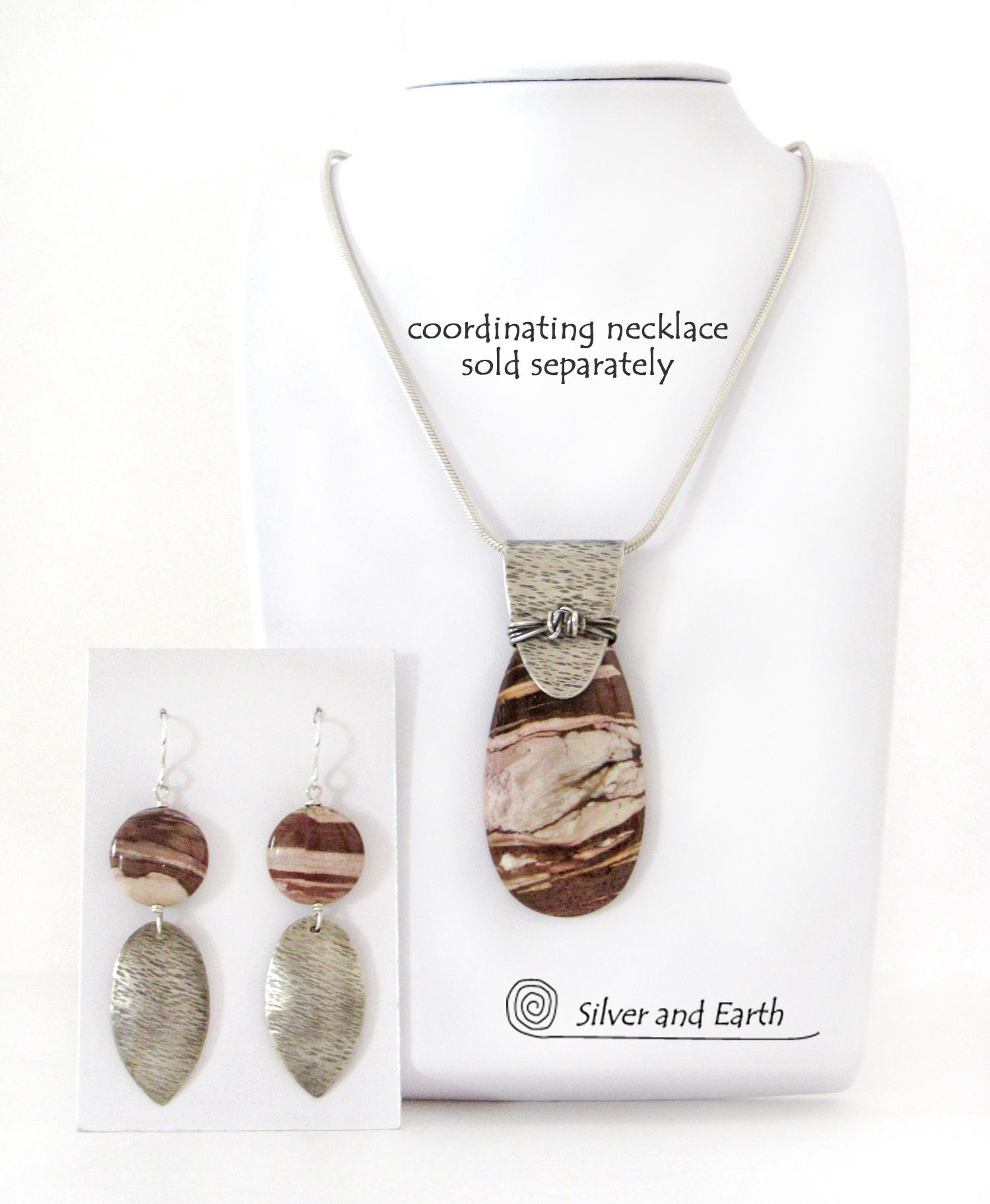 Textured Sterling Silver Earrings with Brown Zebra Jasper Stones