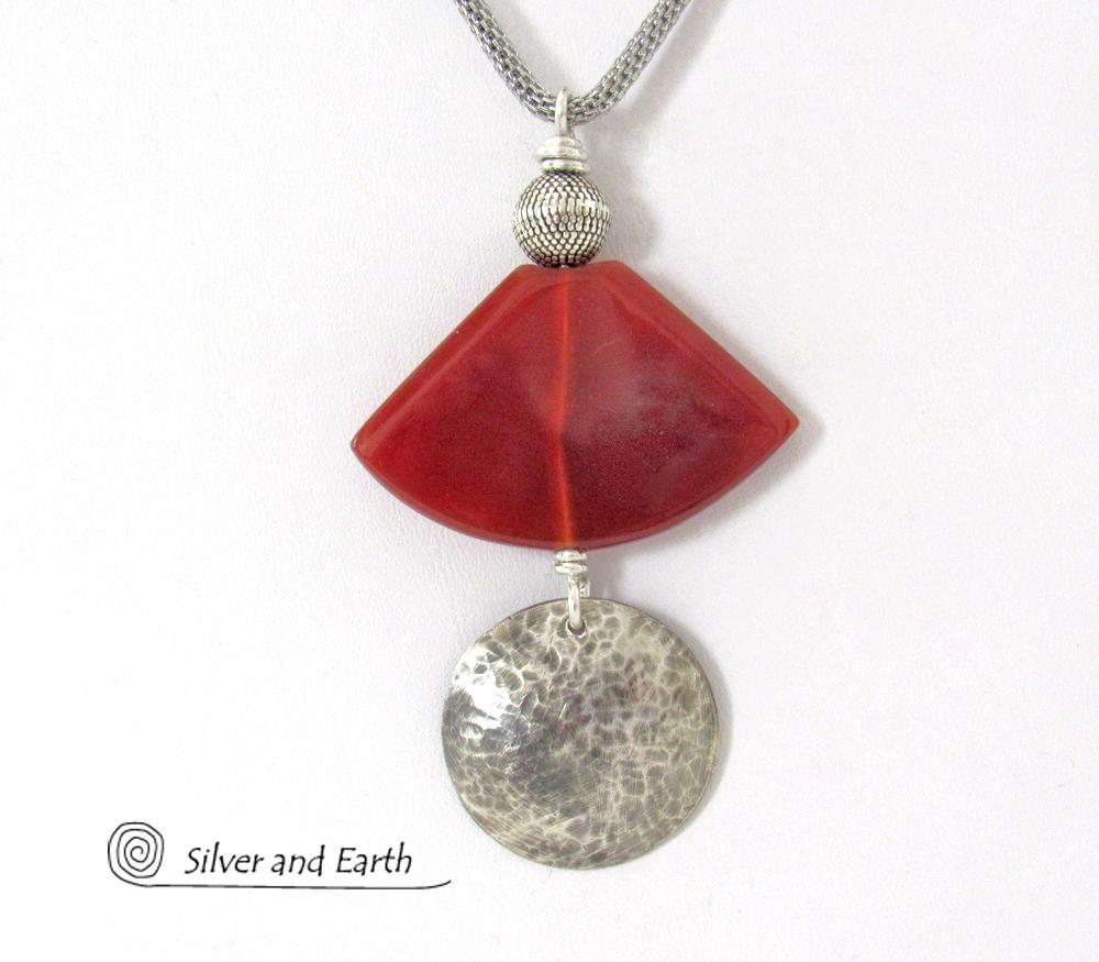 Hammered Sterling Silver & Carnelian Necklace - Unique Natural Stone Jewelry