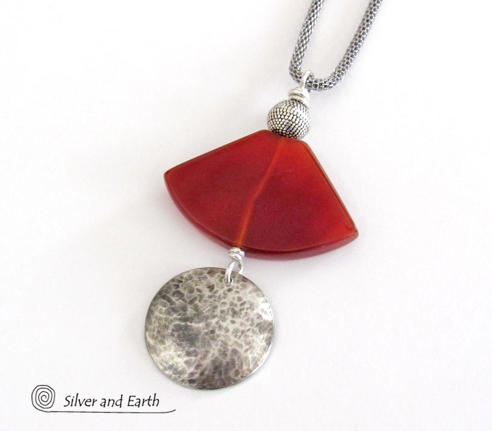 Hammered Sterling Silver & Carnelian Necklace - Unique Natural Stone Jewelry