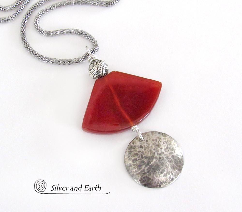 Hammered Sterling Silver & Carnelian Necklace - Unique Natural Stone Jewelry