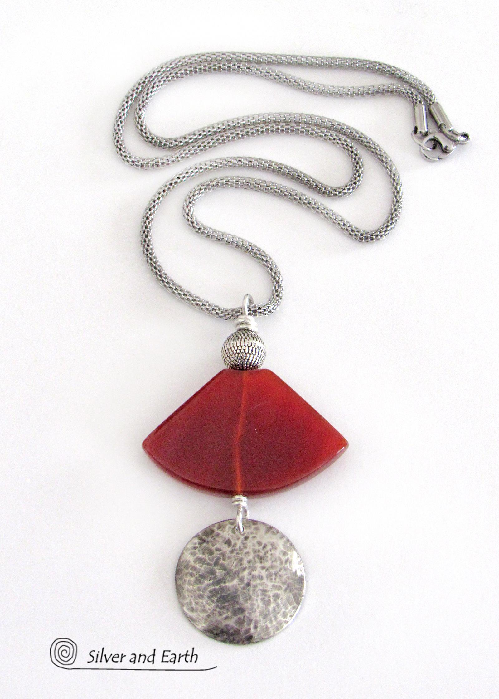 Hammered Sterling Silver & Carnelian Necklace - Unique Natural Stone Jewelry