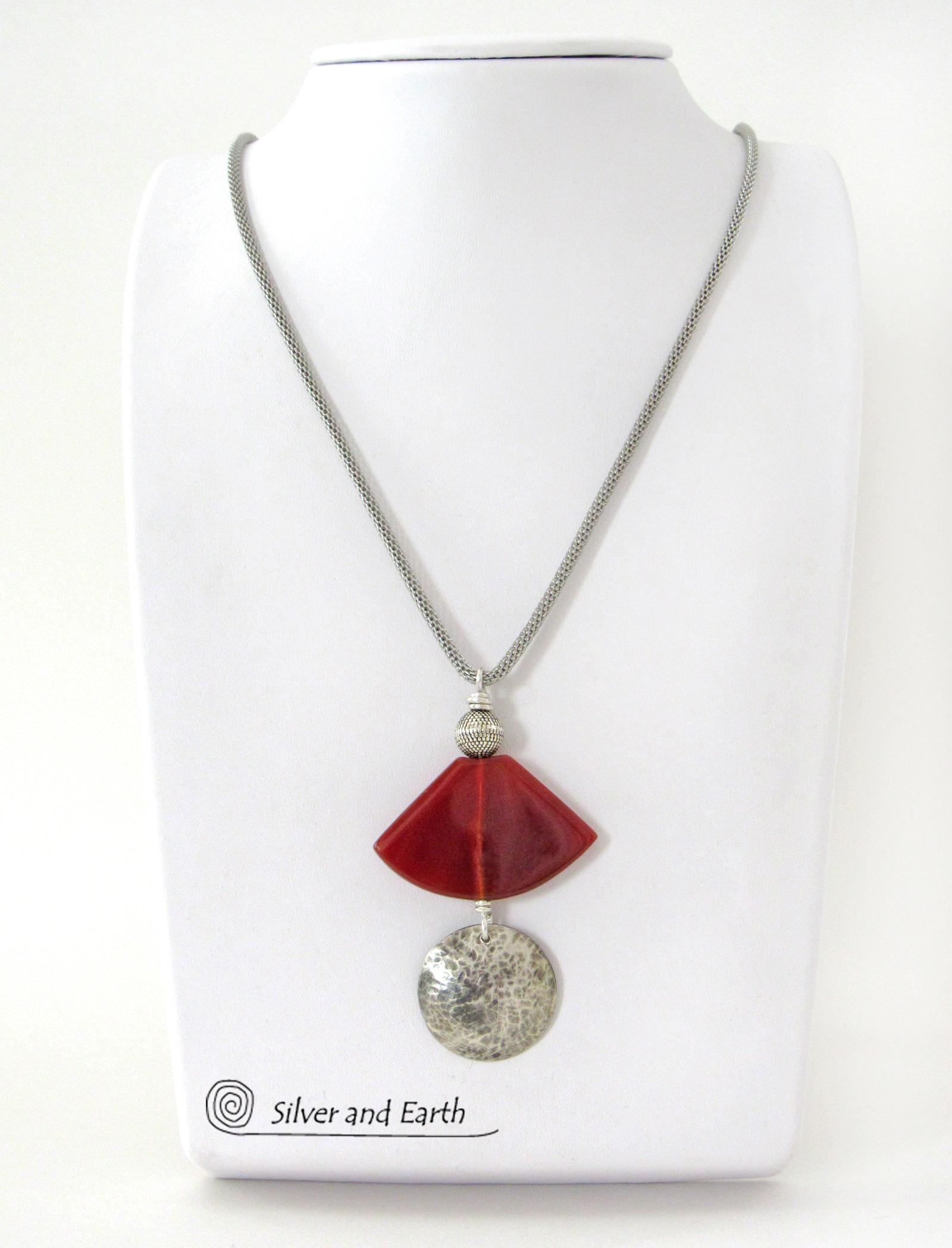 Hammered Sterling Silver & Carnelian Necklace - Unique Natural Stone Jewelry