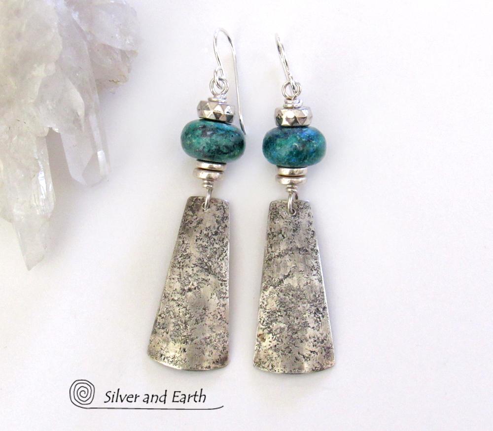 Sterling Silver Dangle Earrings with Chrysocolla Stones - Silversmith Jewelry