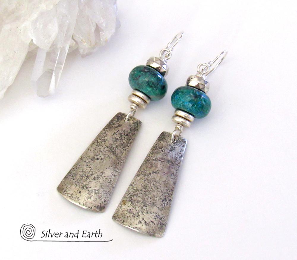 Sterling Silver Dangle Earrings with Chrysocolla Stones - Silversmith Jewelry