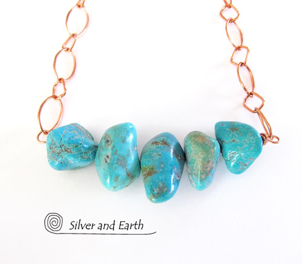 Chunky Turquoise Necklace on Copper Chain Earthy Natural Turquoise Jewelry
