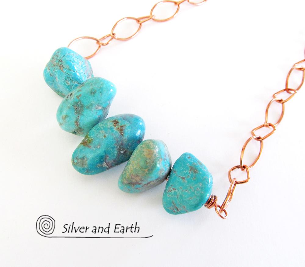 Chunky Turquoise Necklace on Copper Chain - Earthy Natural Turquoise Jewelry