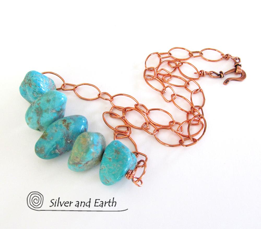 Chunky Turquoise Necklace on Copper Chain - Earthy Natural Turquoise Jewelry