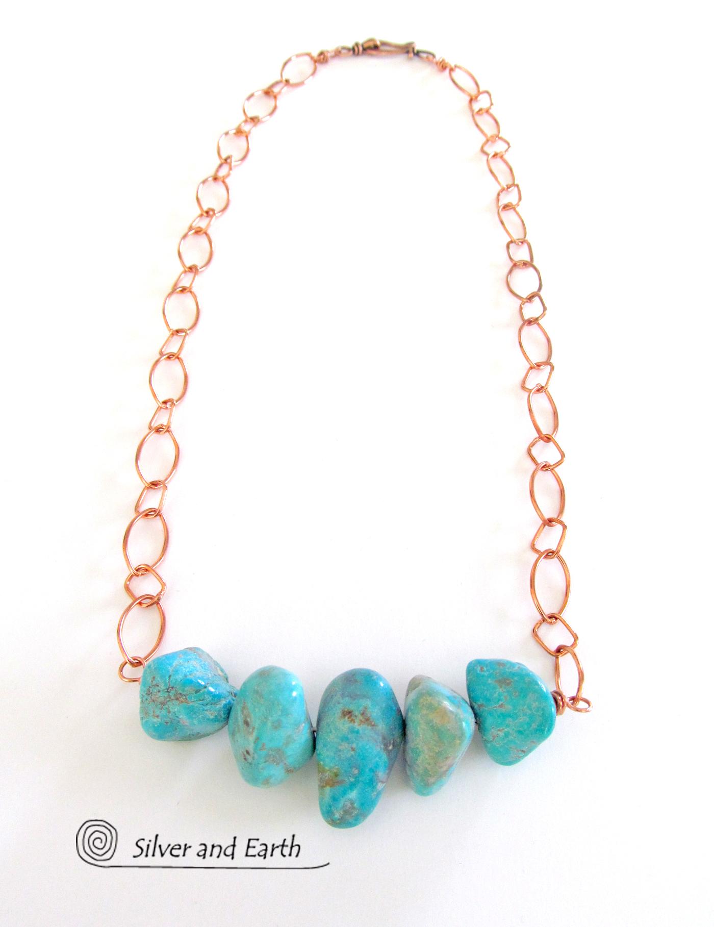 Chunky Turquoise Necklace on Copper Chain - Earthy Natural Turquoise Jewelry