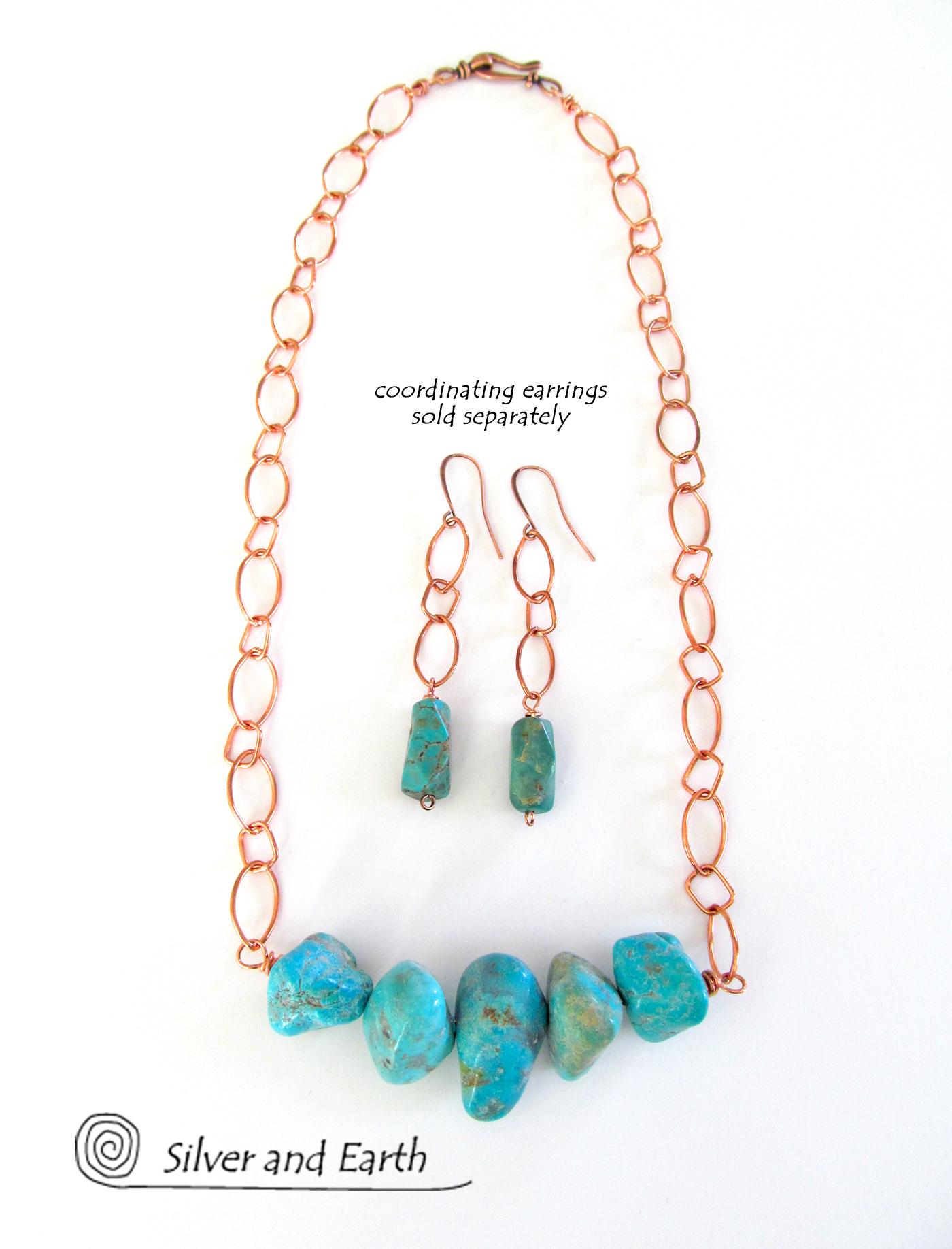 Chunky Turquoise Necklace on Copper Chain - Earthy Natural Turquoise Jewelry
