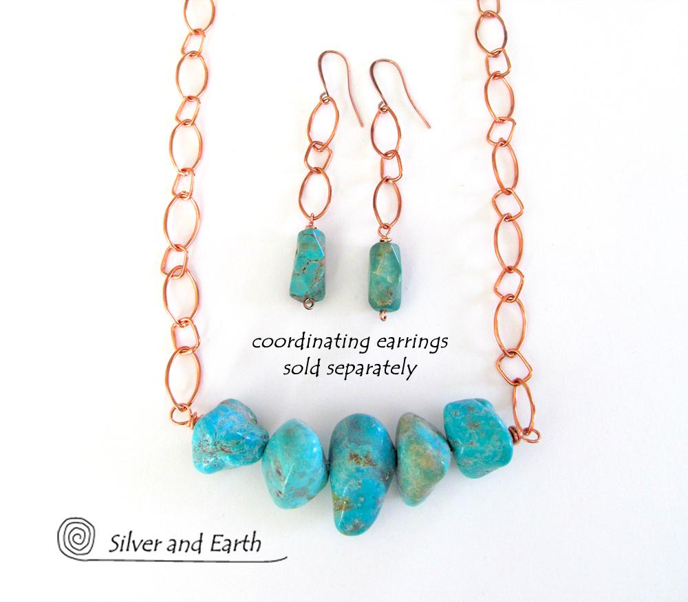 Chunky Turquoise Necklace on Copper Chain - Earthy Natural Turquoise Jewelry