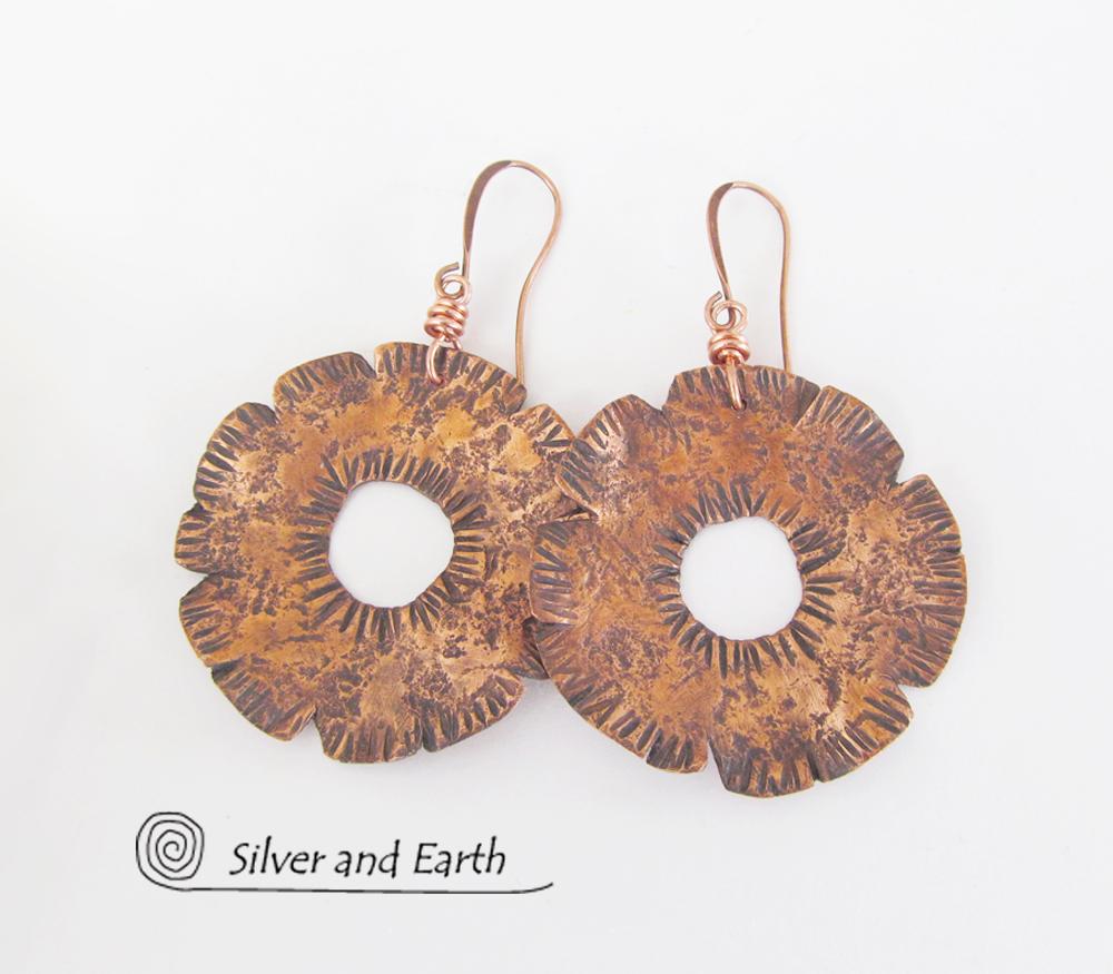 Big Bold Copper Earrings with Hammered Texture - Edgy Modern Metal Jewelry
