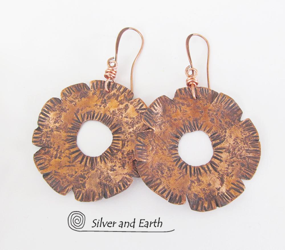 Big Bold Copper Earrings with Hammered Texture - Edgy Modern Metal Jewelry