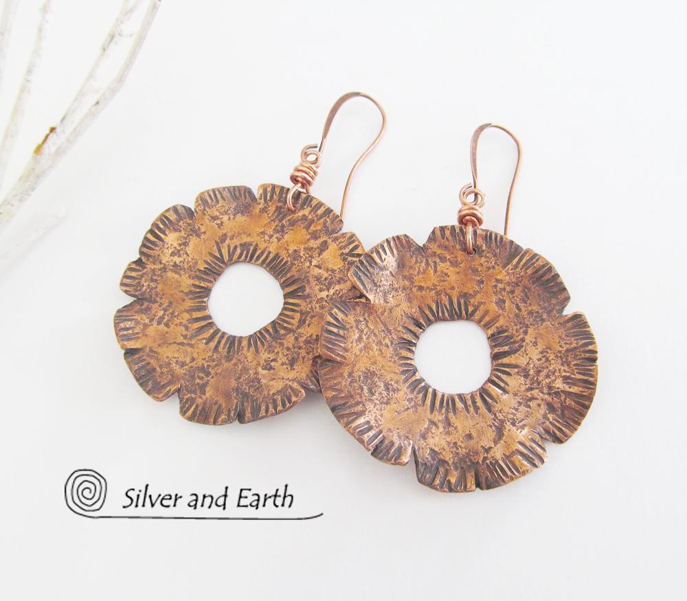 Big Bold Copper Earrings with Hammered Texture - Edgy Modern Metal Jewelry