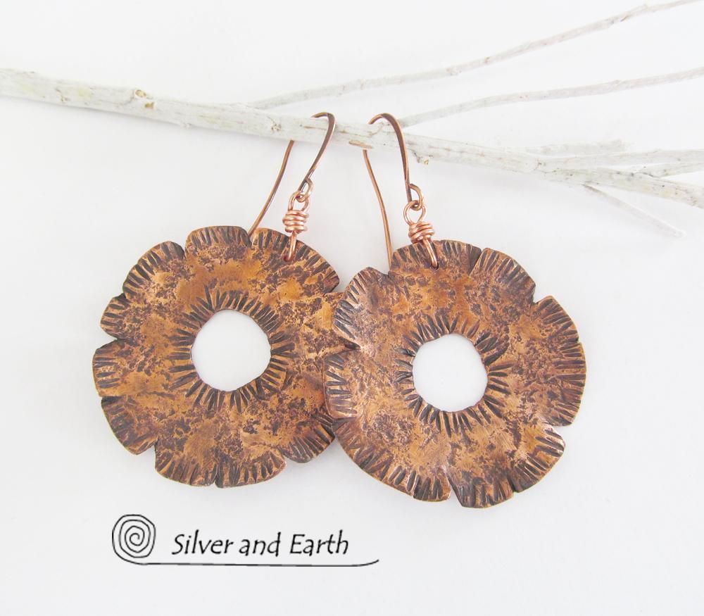 Big Bold Copper Earrings with Hammered Texture - Edgy Modern Metal Jewelry