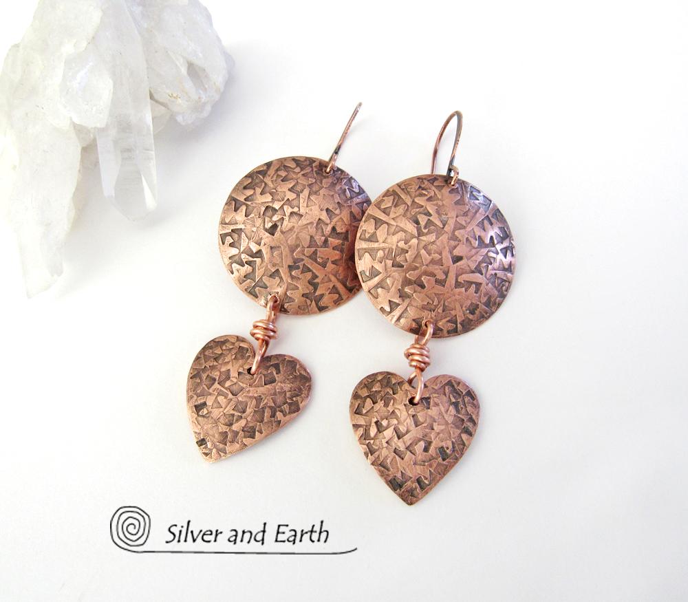 Copper Heart Dangle Earrings - Romantic Gifts for Women