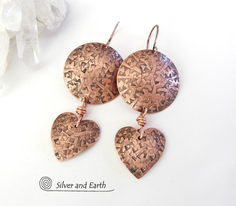 Copper Heart Dangle Earrings - Romantic Gifts for Women