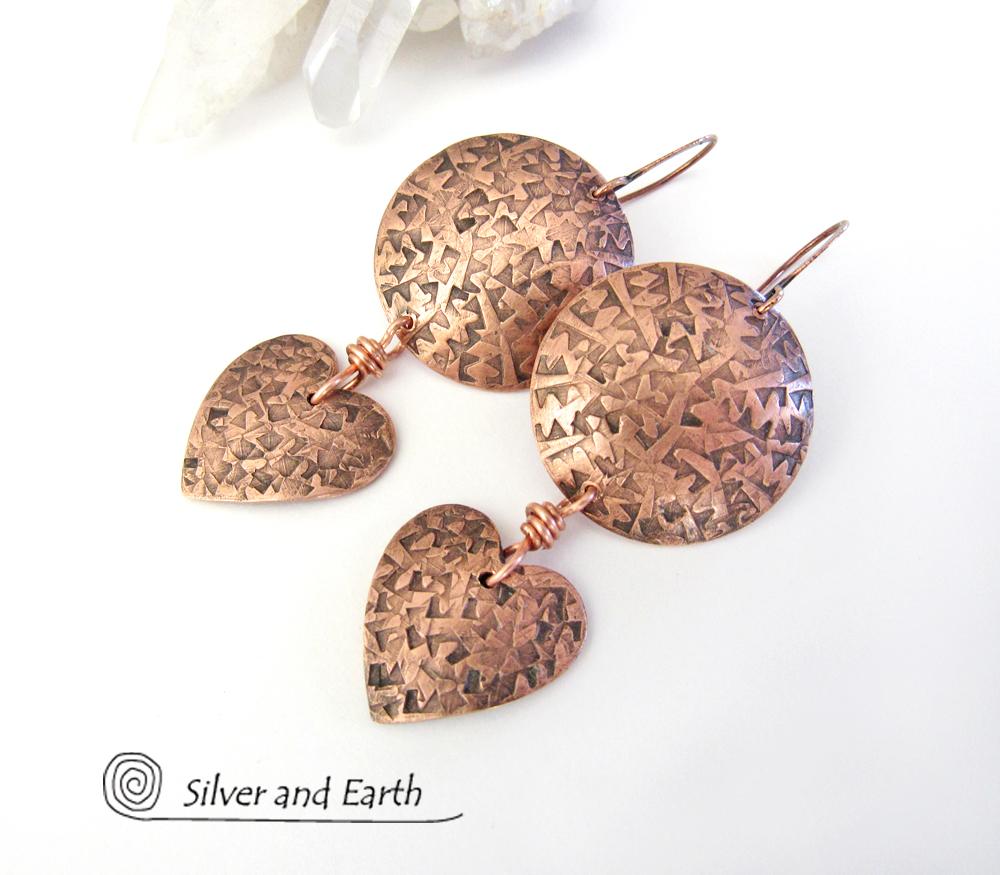 Copper Heart Dangle Earrings - Romantic Gifts for Women