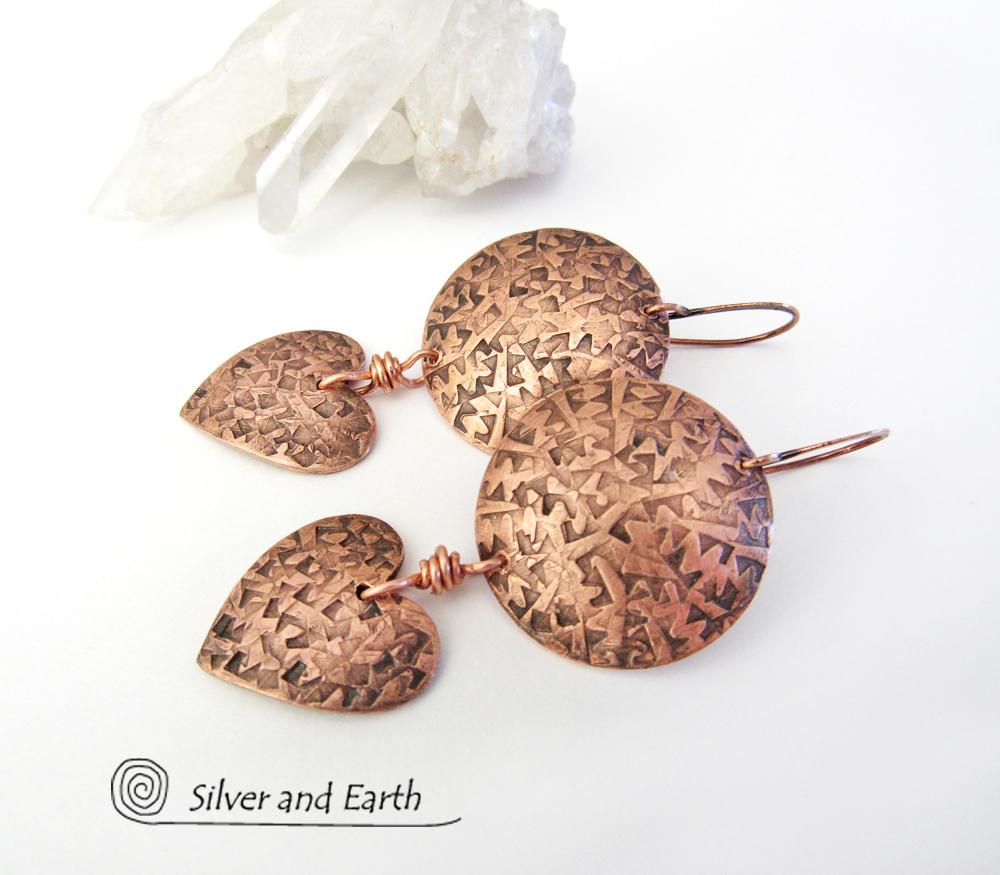 Copper Heart Dangle Earrings - Romantic Gifts for Women