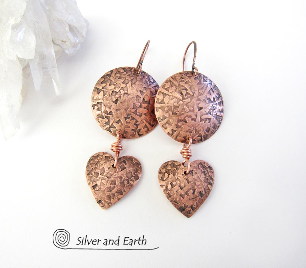 Copper Heart Dangle Earrings - Romantic Gifts for Women