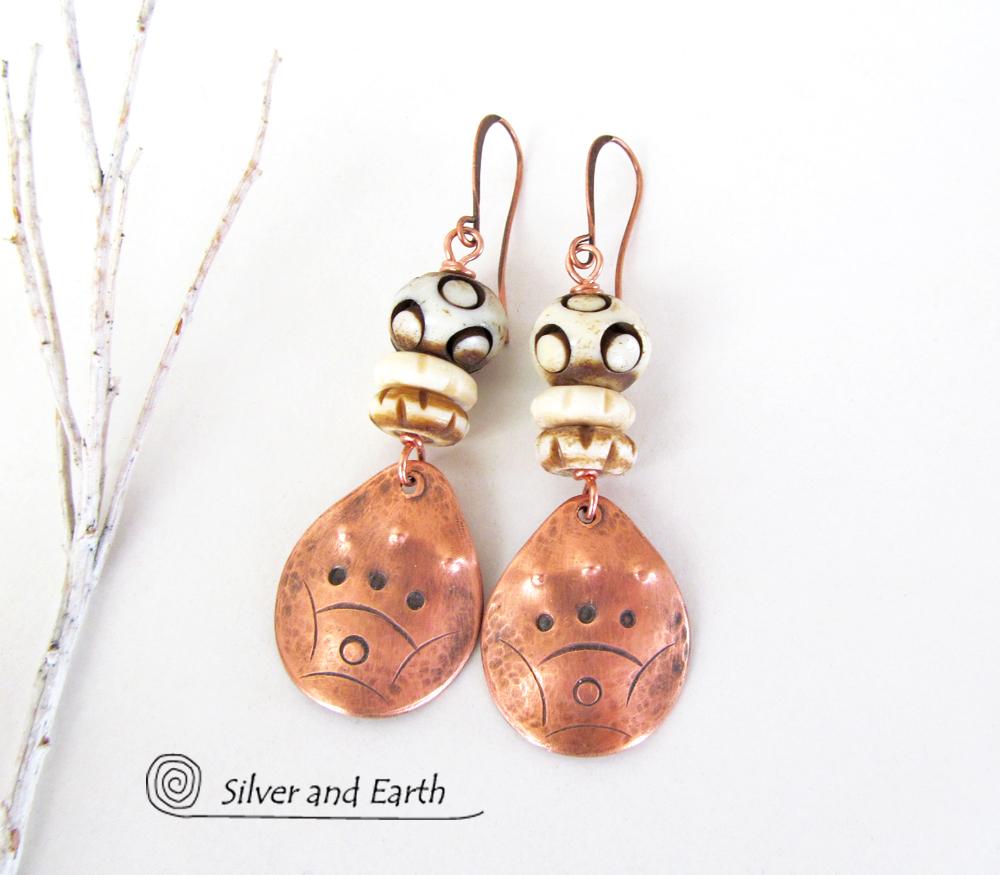 Copper Boho Earrings with Carved Bone - African Tribal Jewelry