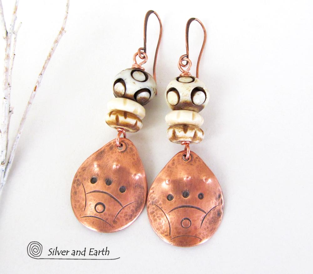 Copper Boho Earrings with Carved Bone - African Tribal Jewelry