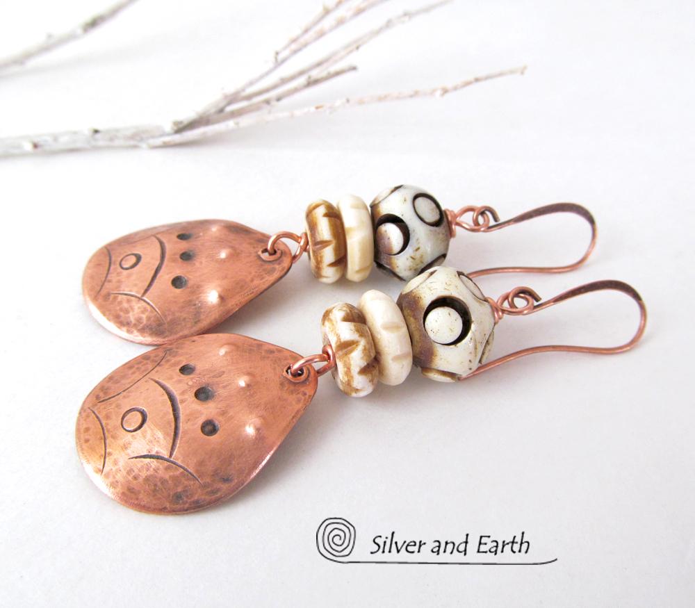 Copper Boho Earrings with Carved Bone - African Tribal Jewelry