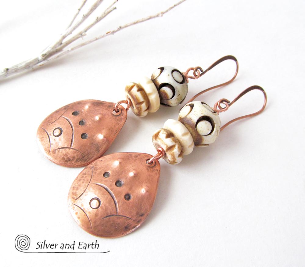 Copper Boho Earrings with Carved Bone - African Tribal Jewelry