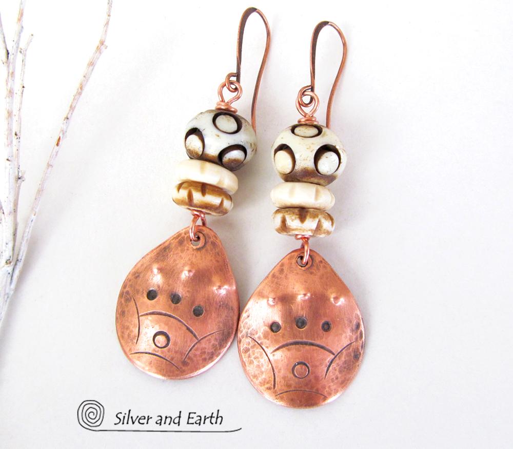 Copper Boho Earrings with Carved Bone - African Tribal Jewelry