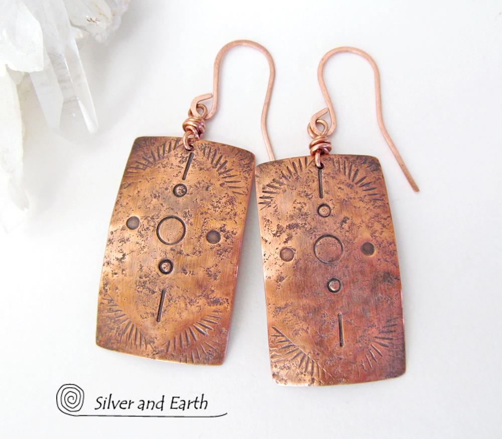 Copper Earrings with Hand Stamped Tribal Pattern - Southwest Style Jewelry