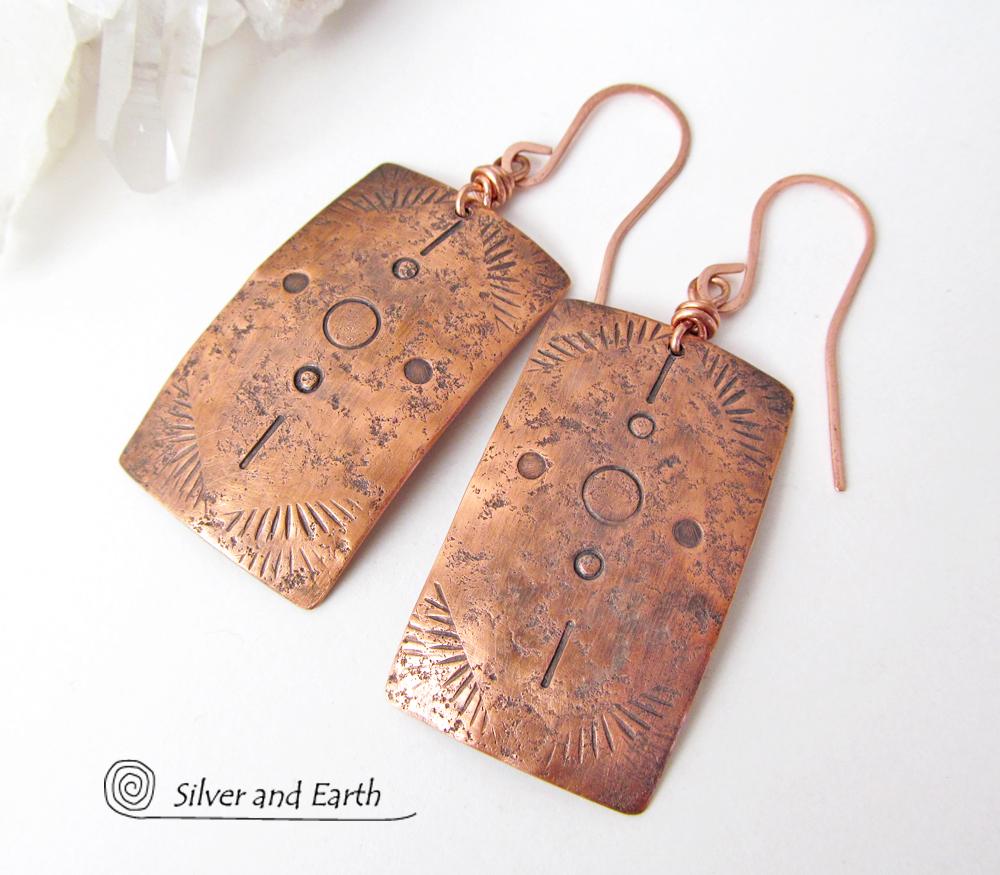 Copper Earrings with Hand Stamped Tribal Pattern - Southwest Style Jewelry