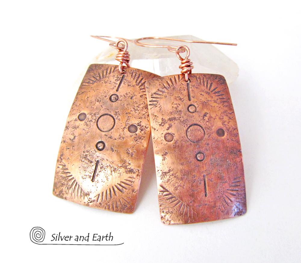 Copper Earrings with Hand Stamped Tribal Pattern - Southwest Style Jewelry