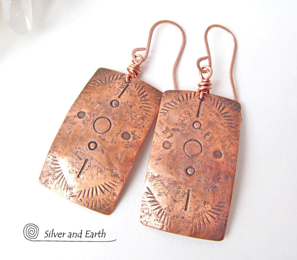 Copper Earrings with Hand Stamped Tribal Pattern - Southwest Style Jewelry