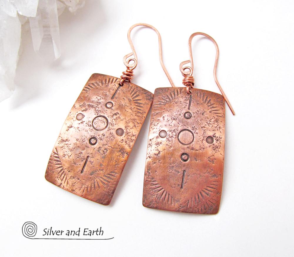 Copper Earrings with Hand Stamped Tribal Pattern - Southwest Style Jewelry