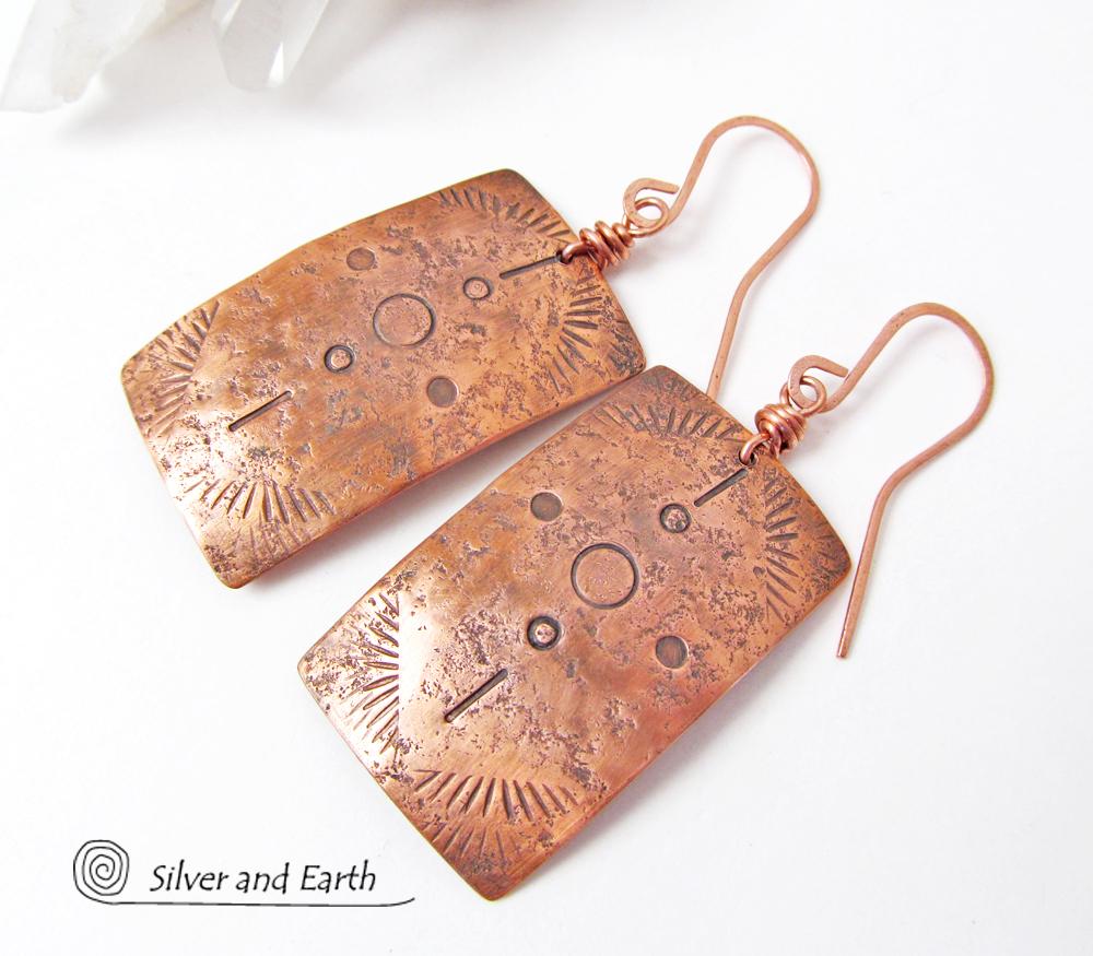 Copper Earrings with Hand Stamped Tribal Pattern - Southwest Style Jewelry