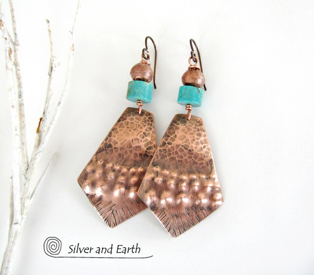 Exotic Tribal Copper & Turquoise Earrings - Bold Unique Artisan Jewelry