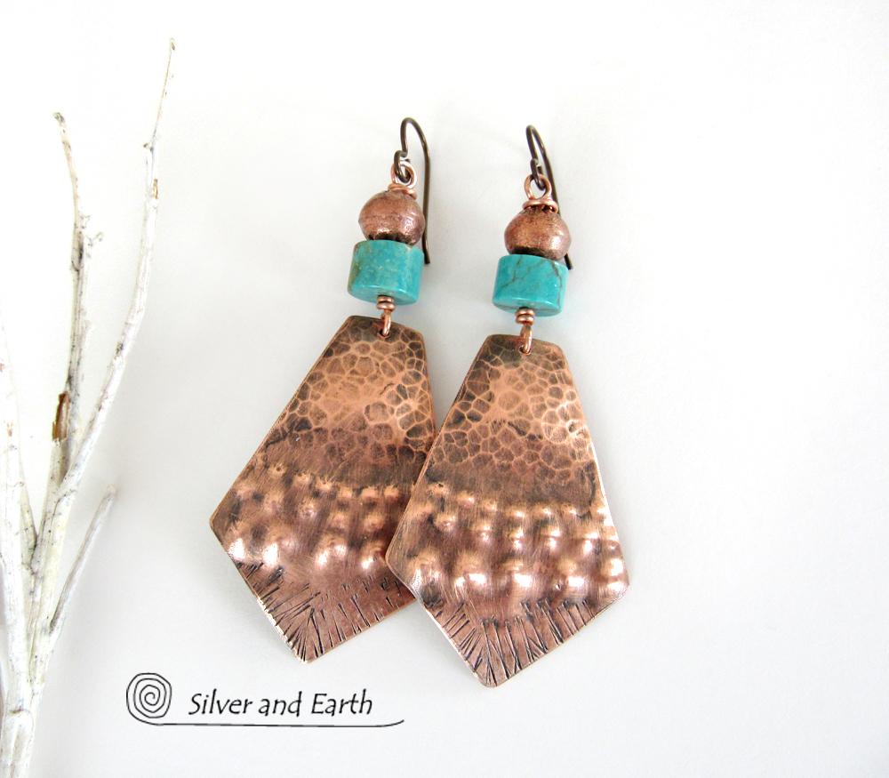 Exotic Tribal Copper & Turquoise Earrings - Bold Unique Artisan Jewelry