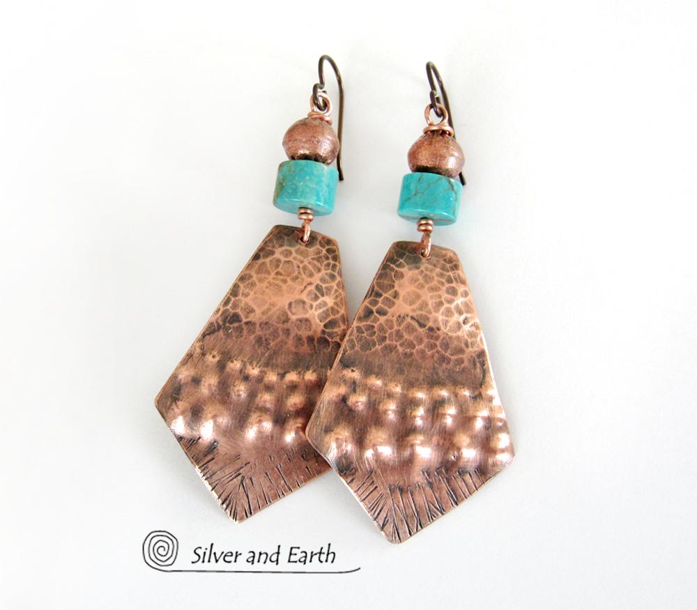 Exotic Tribal Copper & Turquoise Earrings - Bold Unique Artisan Jewelry