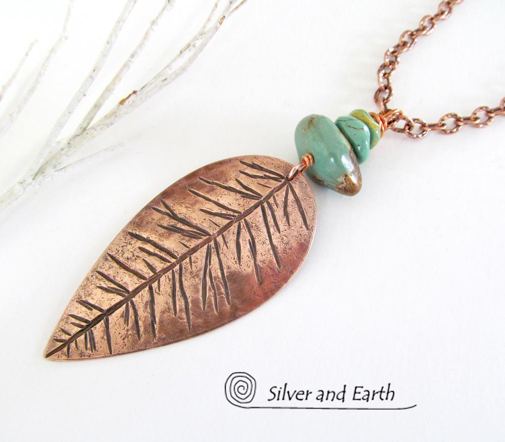 Copper Feather Necklace with Natural Turquoise - Handcrafted Southwest Jewelry