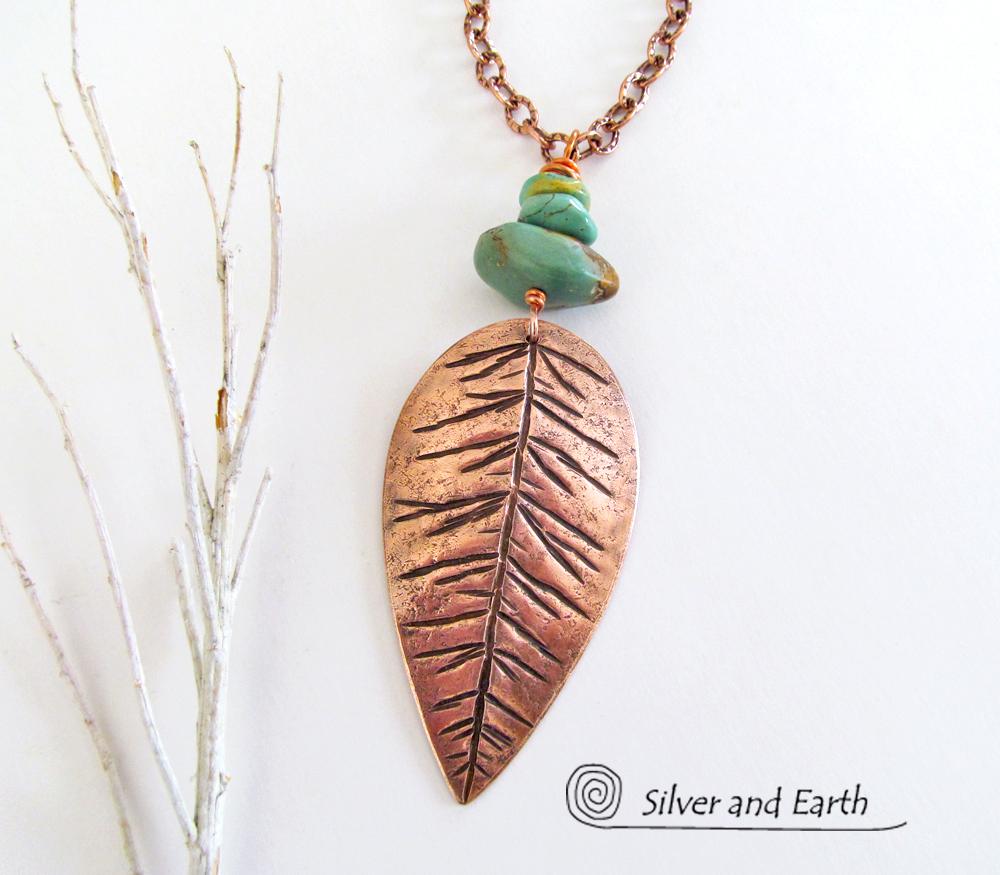Copper Feather Necklace with Natural Turquoise - Handcrafted Southwest Jewelry