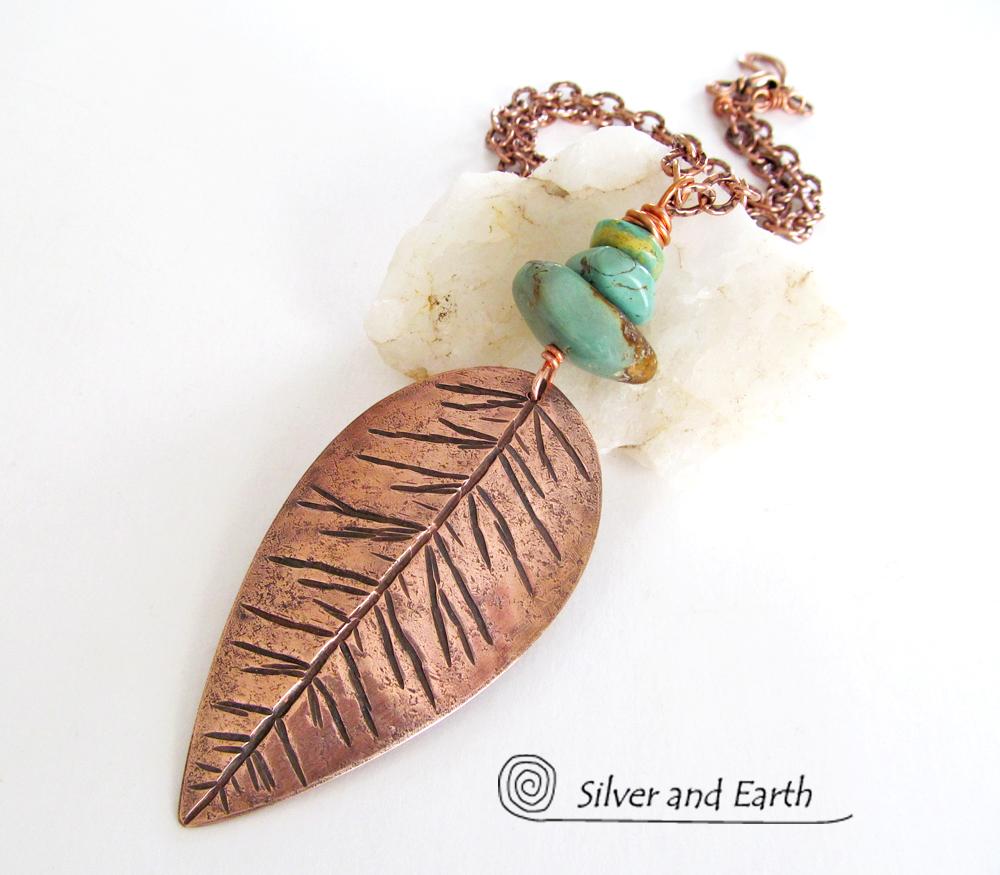 Copper Feather Necklace with Natural Turquoise - Handcrafted Southwest Jewelry